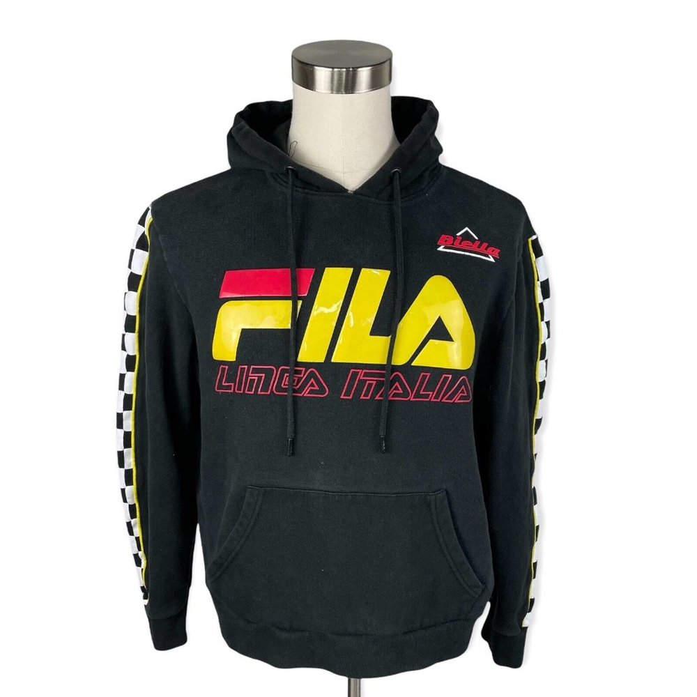 Vintage FILA Hoodie Sweatshirt Mens M Biella Linea Italia Black White Checkered